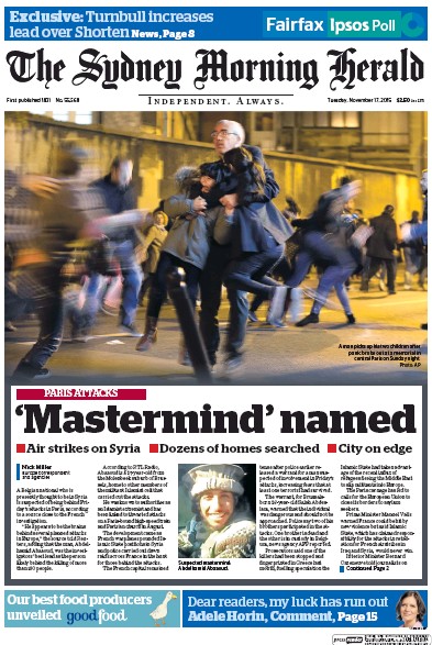 Sydney Morning Herald (Australia) Newspaper Front Page for 17 November 2015