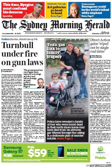 Sydney Morning Herald (Australia) Newspaper Front Page for 19 October 2016