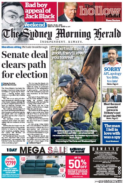 Sydney Morning Herald (Australia) Newspaper Front Page for 19 March 2016