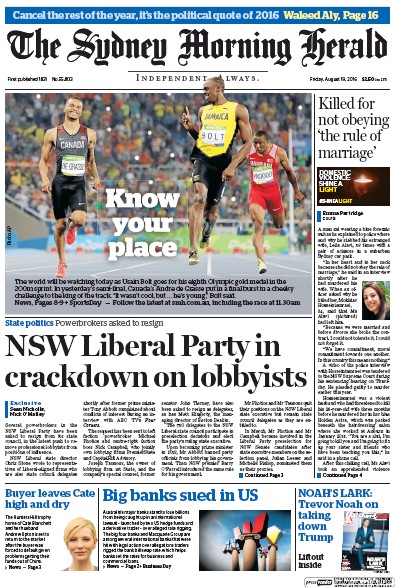 Sydney Morning Herald (Australia) Newspaper Front Page for 19 August 2016