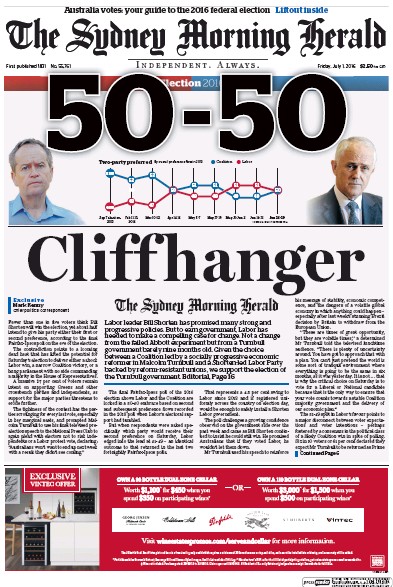 Sydney Morning Herald (Australia) Newspaper Front Page for 1 July 2016