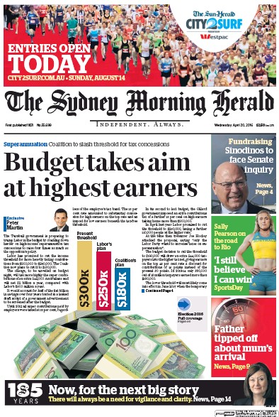 Sydney Morning Herald (Australia) Newspaper Front Page for 20 April 2016