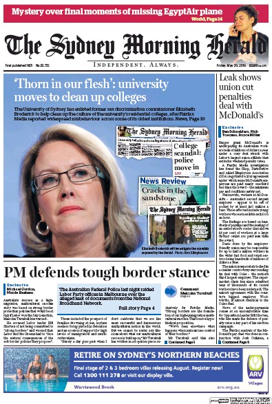 Sydney Morning Herald (Australia) Newspaper Front Page for 20 May 2016