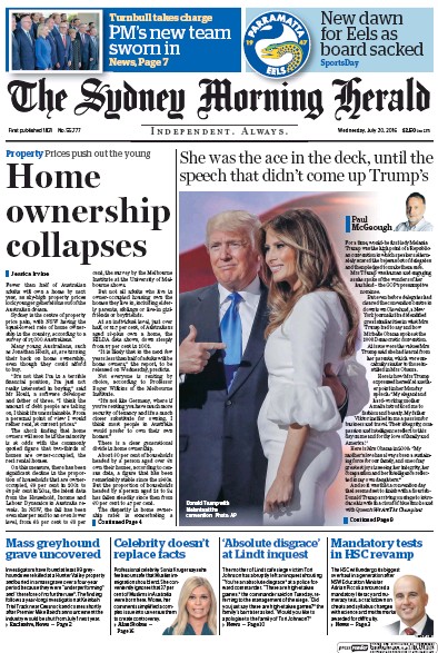 Sydney Morning Herald (Australia) Newspaper Front Page for 20 July 2016