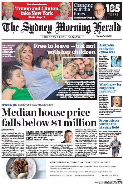 Sydney Morning Herald (Australia) Newspaper Front Page for 21 April 2016