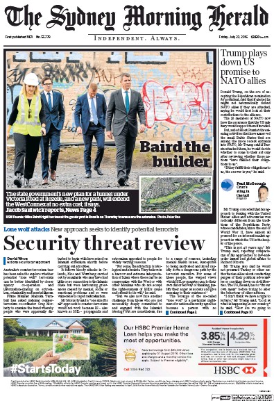 Sydney Morning Herald (Australia) Newspaper Front Page for 22 July 2016