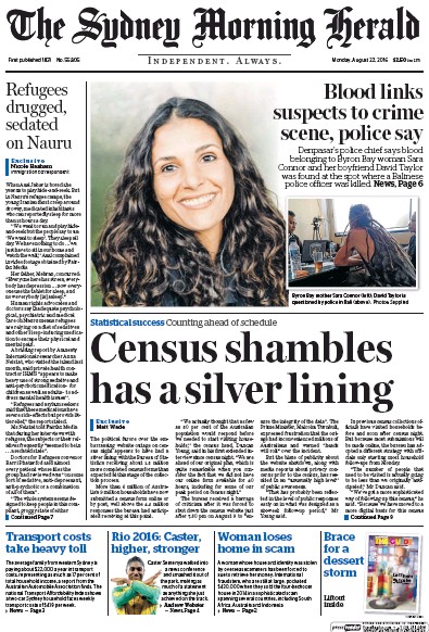 Sydney Morning Herald (Australia) Newspaper Front Page for 22 August 2016
