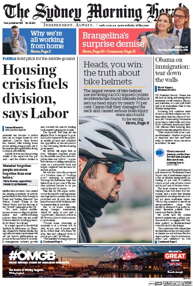 Sydney Morning Herald (Australia) Newspaper Front Page for 22 September 2016