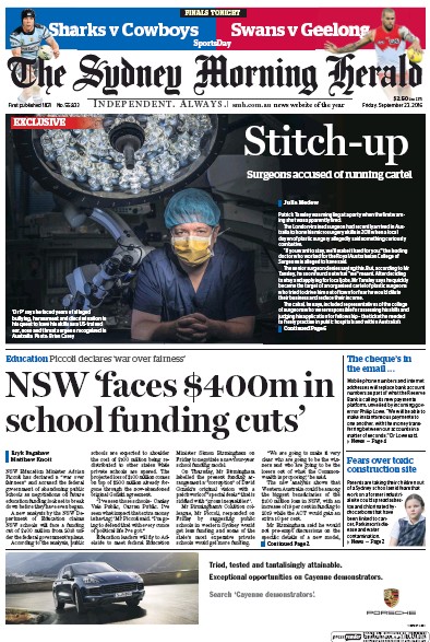 Sydney Morning Herald (Australia) Newspaper Front Page for 23 September 2016
