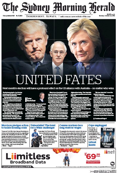 Sydney Morning Herald (Australia) Newspaper Front Page for 24 October 2016