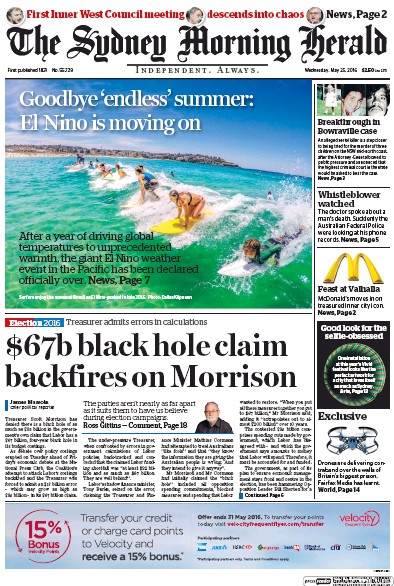 Sydney Morning Herald (Australia) Newspaper Front Page for 25 May 2016