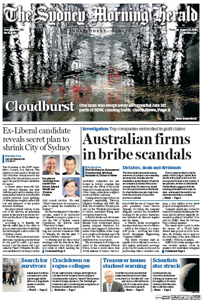 Sydney Morning Herald (Australia) Newspaper Front Page for 25 August 2016