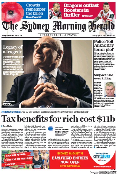 Sydney Morning Herald (Australia) Newspaper Front Page for 26 April 2016