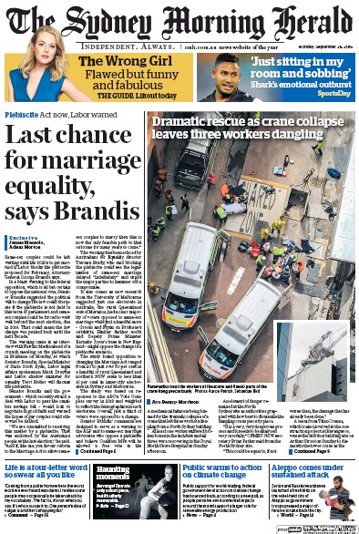 Sydney Morning Herald (Australia) Newspaper Front Page for 27 September 2016