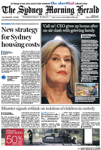 Sydney Morning Herald (Australia) Newspaper Front Page for 28 October 2016