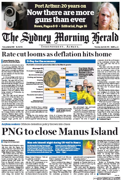 Sydney Morning Herald (Australia) Newspaper Front Page for 28 April 2016