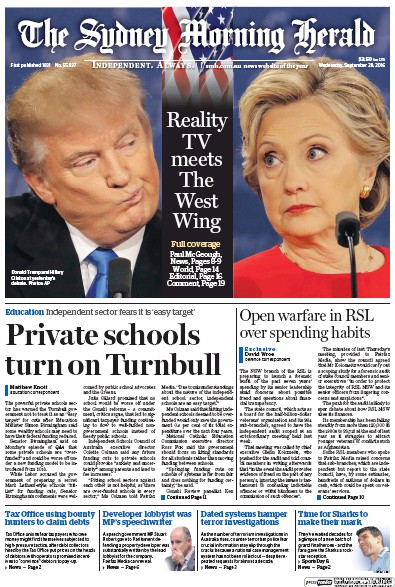Sydney Morning Herald (Australia) Newspaper Front Page for 28 September 2016