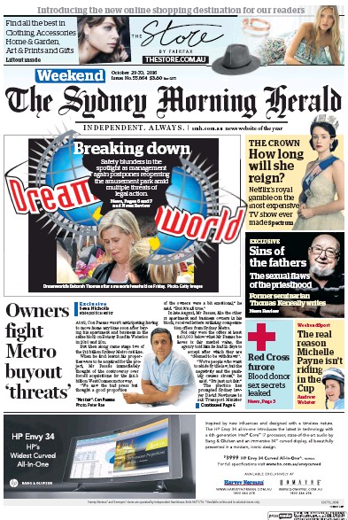 Sydney Morning Herald (Australia) Newspaper Front Page for 29 October 2016