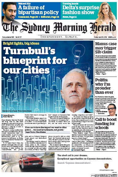 Sydney Morning Herald (Australia) Newspaper Front Page for 29 April 2016