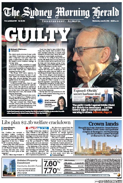 Sydney Morning Herald (Australia) Newspaper Front Page for 29 June 2016