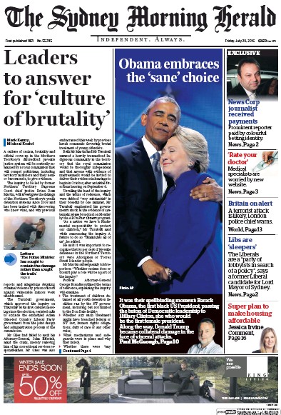Sydney Morning Herald (Australia) Newspaper Front Page for 29 July 2016