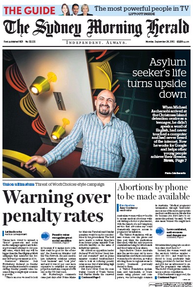 Sydney Morning Herald (Australia) Newspaper Front Page for 29 September 2015
