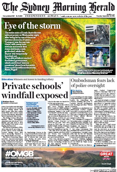 Sydney Morning Herald (Australia) Newspaper Front Page for 29 September 2016