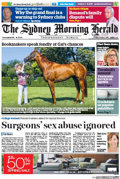 Sydney Morning Herald (Australia) Newspaper Front Page for 2 October 2015