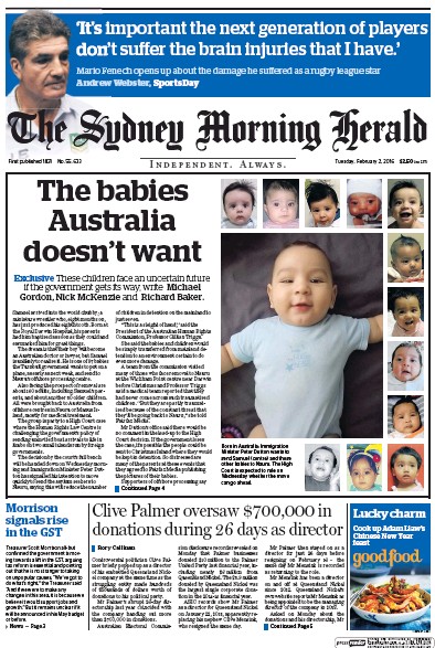 Sydney Morning Herald (Australia) Newspaper Front Page for 2 February 2016