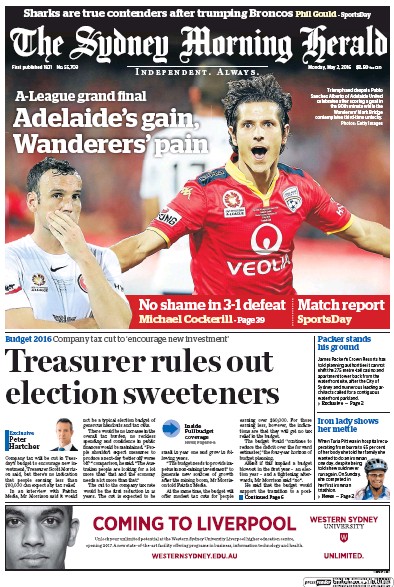 Sydney Morning Herald (Australia) Newspaper Front Page for 2 May 2016