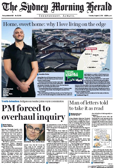 Sydney Morning Herald (Australia) Newspaper Front Page for 2 August 2016