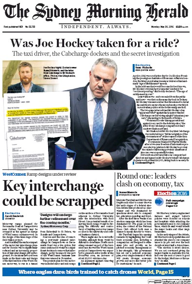 Sydney Morning Herald (Australia) Newspaper Front Page for 30 May 2016