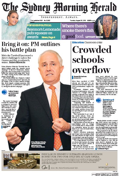 Sydney Morning Herald (Australia) Newspaper Front Page for 30 August 2016