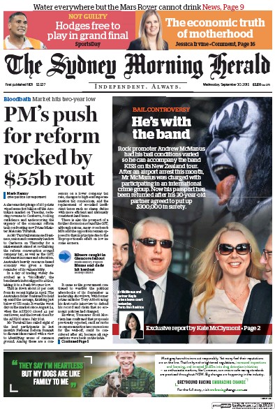 Sydney Morning Herald (Australia) Newspaper Front Page for 30 September 2015