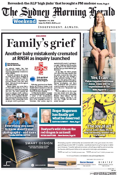 Sydney Morning Herald (Australia) Newspaper Front Page for 3 September 2016