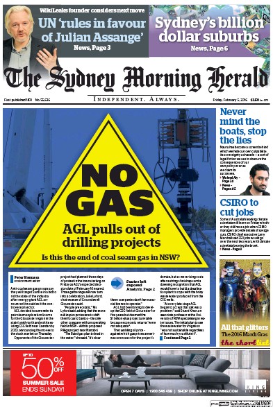 Sydney Morning Herald (Australia) Newspaper Front Page for 5 February 2016