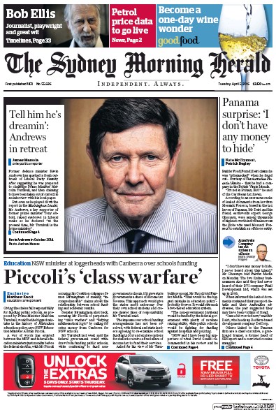 Sydney Morning Herald (Australia) Newspaper Front Page for 5 April 2016