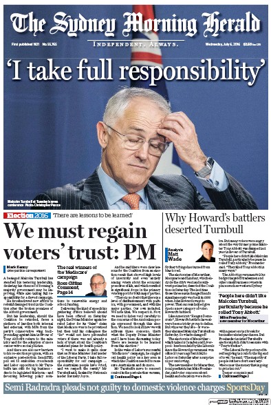 Sydney Morning Herald (Australia) Newspaper Front Page for 6 July 2016