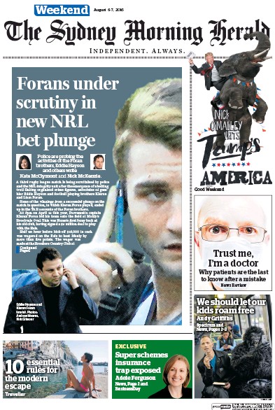 Sydney Morning Herald (Australia) Newspaper Front Page for 6 August 2016