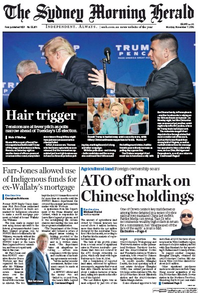 Sydney Morning Herald (Australia) Newspaper Front Page for 7 November 2016