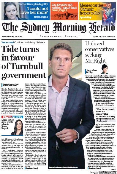 Sydney Morning Herald (Australia) Newspaper Front Page for 7 July 2016