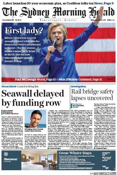 Sydney Morning Herald (Australia) Newspaper Front Page for 8 June 2016