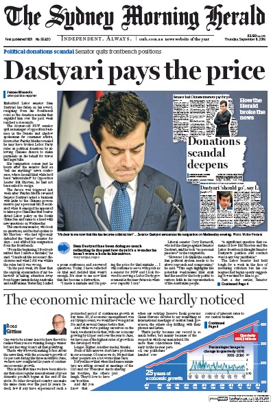 Sydney Morning Herald (Australia) Newspaper Front Page for 8 September 2016