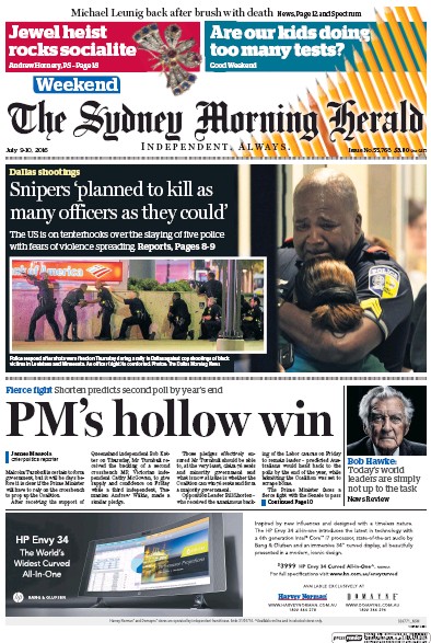 Sydney Morning Herald (Australia) Newspaper Front Page for 9 July 2016