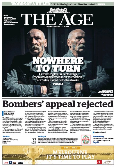 The Age (Australia) Newspaper Front Page for 12 October 2016