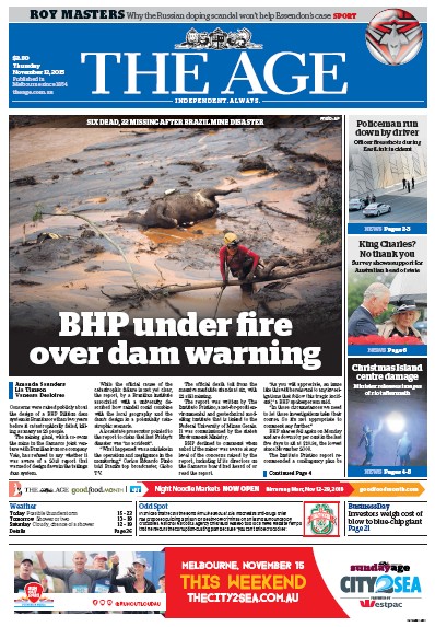 The Age (Australia) Newspaper Front Page for 12 November 2015