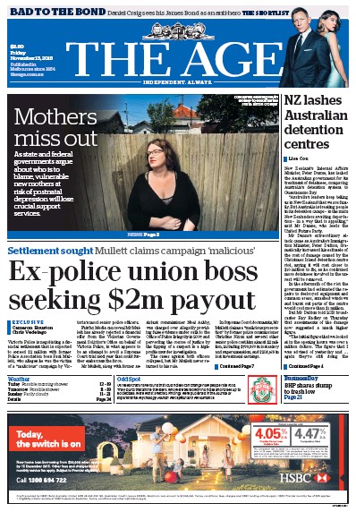 The Age (Australia) Newspaper Front Page for 13 November 2015