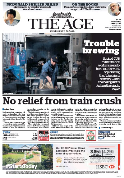 The Age (Australia) Newspaper Front Page for 13 July 2016