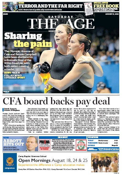 The Age (Australia) Newspaper Front Page for 13 August 2016
