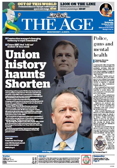 The Age (Australia) Newspaper Front Page for 14 October 2015